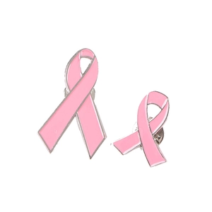 Pink ribbon breast cancer awareness enamel brooch pins with silver metal edges and clutches