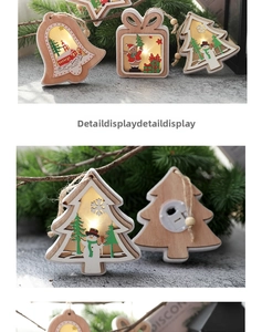 Close-up of wooden Christmas star ornament with LED warm lighting and snowman illustration