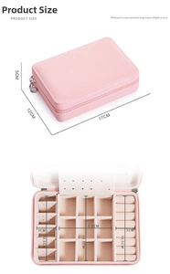 Pink faux leather jewelry box with zipper, showing 17x12x5cm dimensions and compartments