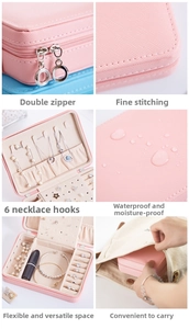 Pink portable travel jewelry organizer with waterproof PU leather and cross-grain texture