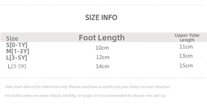 Size guide table for thick warm fleece toddler socks with foot and tube length details