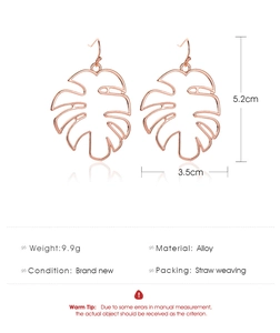Détails des boucles d'oreilles feuilles de monstera or rose avec dimensions et infos