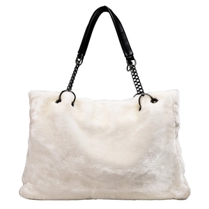 Chic white faux fur tote bag with black leather handles and metal chain accents