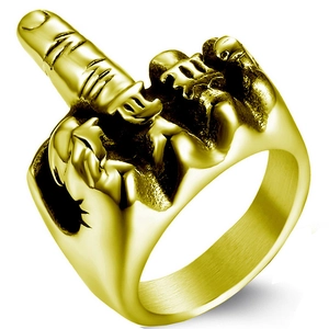 Vintage gold fist middle finger adjustable open ring for men with metallic texture