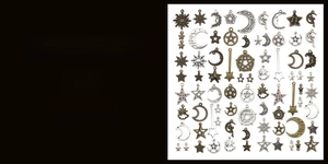 Mix of celestial alloy charms including sun, moon, and stars in various metallic finishes