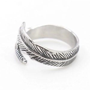 Vintage stainless steel feather open ring with detailed metal texture for men and women