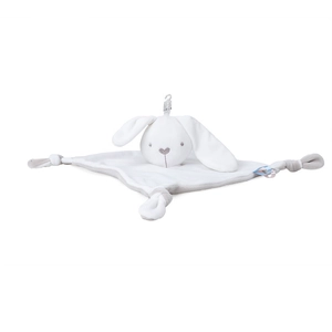 Detailed view of grey and white plush baby comforter with cute rabbit head design