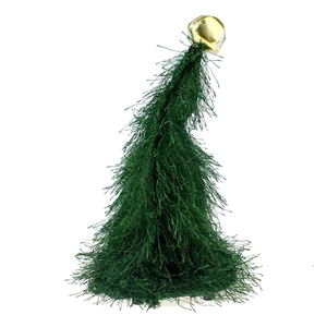 Detail of green fringe Christmas tree ornament with a metallic gold bell on top