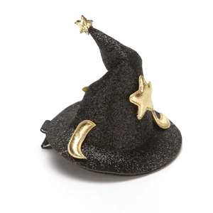 Detail view of a black glitter mini wizard hat hair clip with gold stars and moon