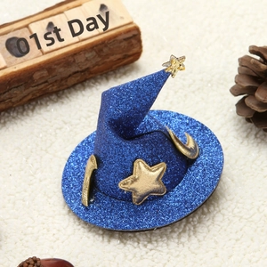 Blue glitter wizard hat hair clip with gold stars and moon for Halloween decor