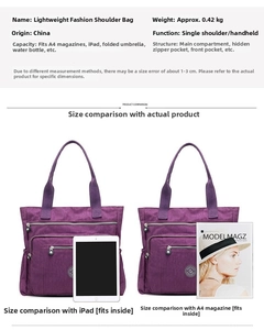 Detailed view of spacious nylon tote bag interior capacity with iPad and A4 magazine size comparison