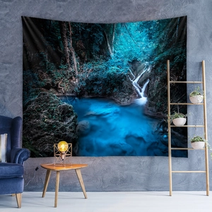 Bohemian forest tapestry with deep blue waterfall scene for living room wall decor