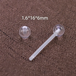 Detailed view of clear acrylic tongue barbell piercing with 1.6x16x6mm sizing specs