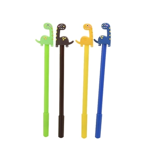 Set of four cute dinosaur pens with colorful silicone caps on a clean white background