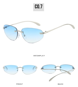 Viste multiple di occhiali da sole Y2K senza montatura con lenti sfumate blu e montatura in metallo