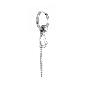Macro detail of silver stainless steel drop earring with chain and hollow heart pendant