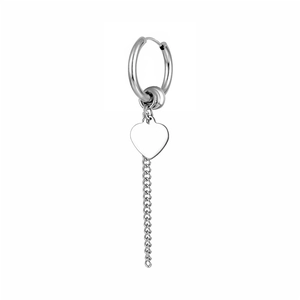 Minimalist silver titanium steel hoop earrings with smooth heart pendant and long chain tassel