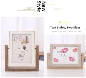 Dual-sided rotating wooden photo frames in dark and light wood finishes, 5x7 inch size