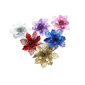 Close-up of glitter-coated hollow Christmas flowers in six colors for tree decoration