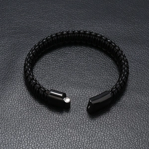Multi-layer braided black leather bracelet with magnetic stainless steel clasp on leather