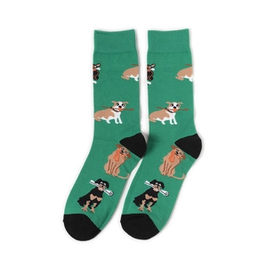 Close-up of green cotton blend socks featuring various cartoon dog patterns and black trim