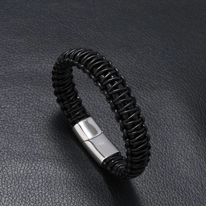 Multilayer black woven leather bracelet with polished silver stainless steel magnetic clasp