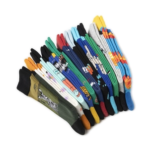 Detailed assortment of patterned crew socks with animal motifs and geometric knit textures