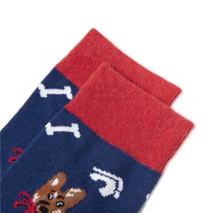 Detail of red ribbed cuffs and blue cartoon jacquard knit pattern on cotton socks