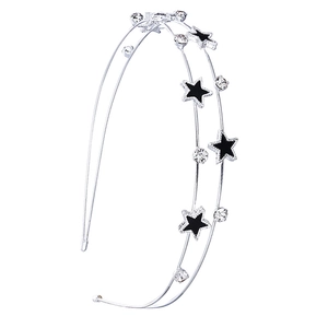 Double-layered silver star headband with black enamel details and sparkling rhinestones