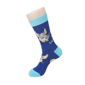 Detail of navy blue mid-calf socks with light blue heel and cute cartoon elephant pattern