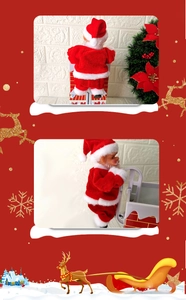 Detailed view of musical electric climbing Santa Claus with red plush suit and chimney base