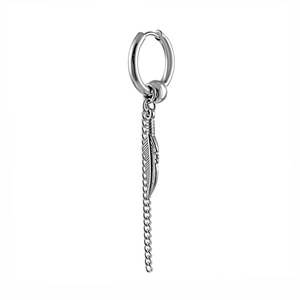 Silver stainless steel huggie earring featuring a vintage feather charm and long tassel chain