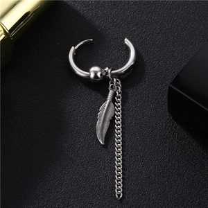 Silver stainless steel feather drop earring with tassel chain on black leather background