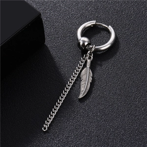 Silver stainless steel huggie hoop earring with feather pendant and long tassel chain