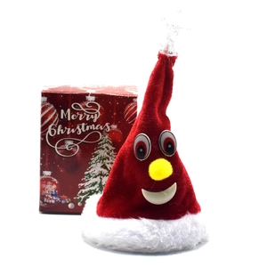 Plush electric singing Christmas tree toy with red hat and decorative gift box packaging