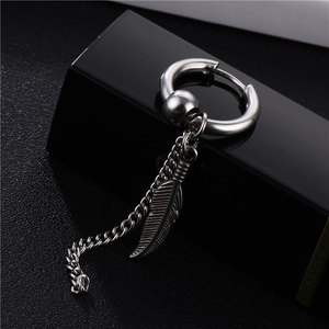 Stainless Steel Hoop Earrings With Long Tassel Chain And Feather Pendant Retro Punk Style Silver Jewelry For Men Women