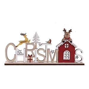 Wooden Christmas table ornament featuring a red house, reindeer and Christmas lettering