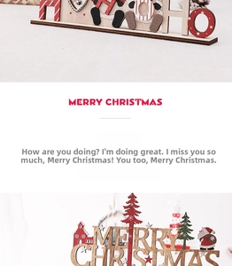 Macro detail of wooden Christmas table sign with Santa Claus and festive deer patterns