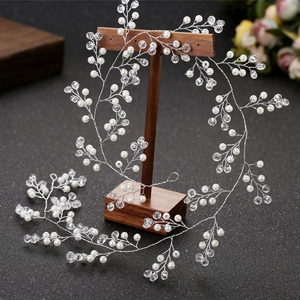 Detailed view of handmade 1.5m bridal headband with white pearls and crystal beads