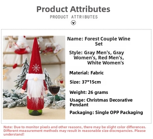 Detailed specs for gnome wine bottle covers with 37x15cm dimensions and cloth material