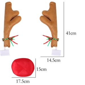 Detailed plush reindeer car decoration set with dimensions of antlers and red nose