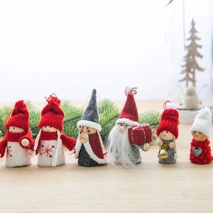 Set of six handmade Christmas wool felt and wood angel figurines for festive tree decoration