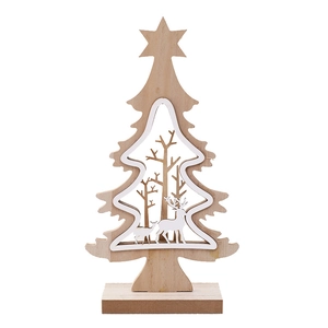 Wooden Christmas tree tabletop ornament featuring a forest and deer cutout silhouette