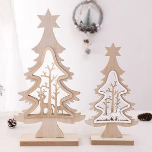 Set of two wooden Christmas tree ornaments featuring reindeer and tree cutout designs