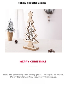 Detail of wooden Christmas tree tabletop decor with laser-cut reindeer and forest design