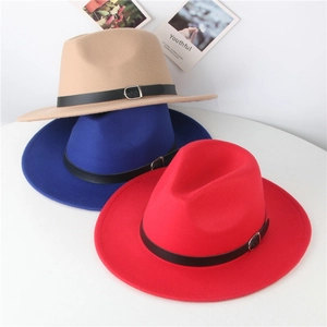 Three colors of wool felt fedoras featuring black leather belts and silver buckles