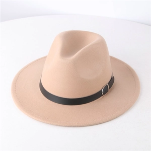 Detail of beige wool fedora hat featuring a black leather belt and silver metal buckle