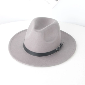 Detail of vintage grey wool fedora hat featuring a black leather belt and silver metal buckle