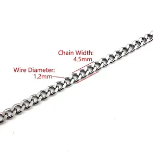 Polished silver stainless steel Cuban chain necklace, 1.2mm wire and 4.5mm width link