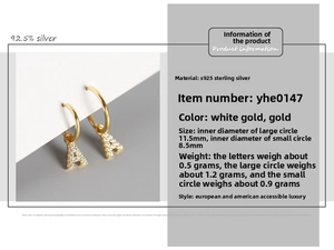 Détails de la boucle d'oreille lettre A en argent 925 avec zircons et spécifications